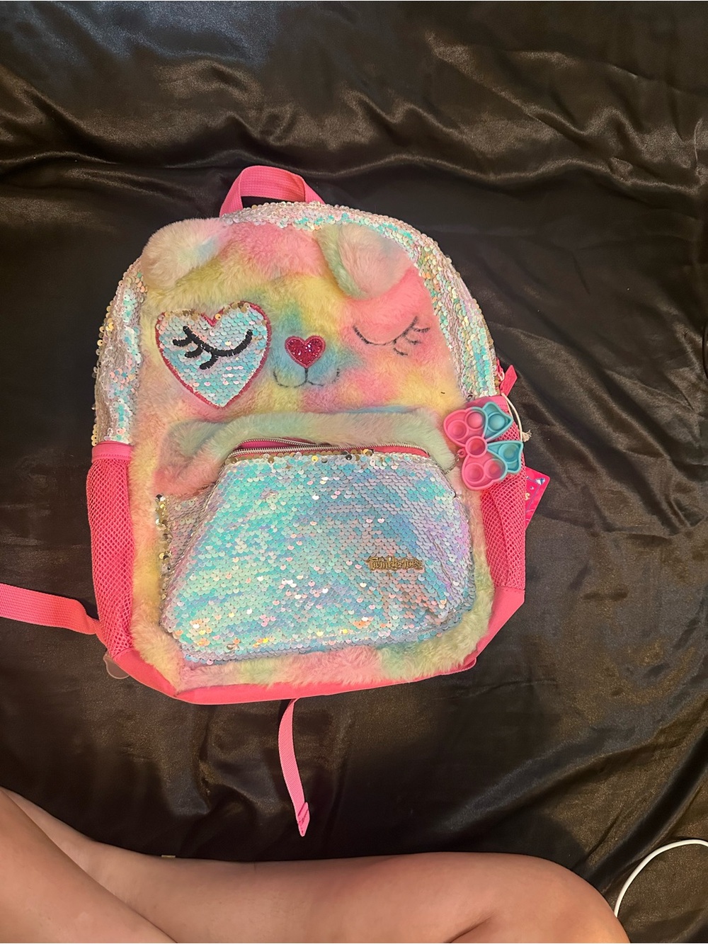 Skechers Rainbow Plush Sequin Kids Backpack with Pink Trim